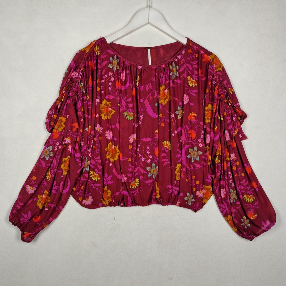 Free People XS Burgundy Floral Mesh Blouse Ruched Long Sleeve Blouson Top